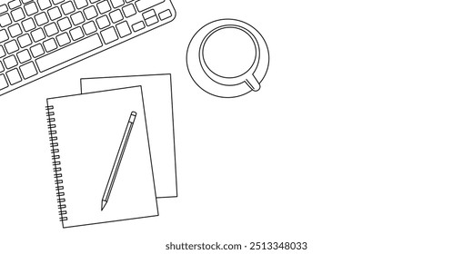 office desk table with laptop computer, cup of coffee and book. line art style vector with transparent background.