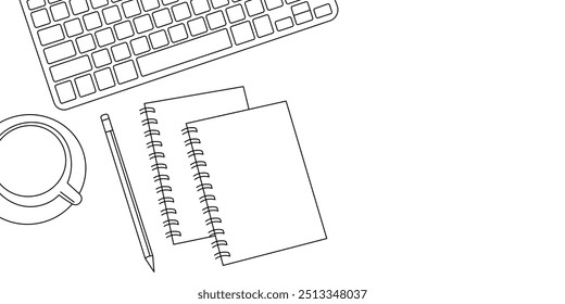 office desk table with laptop computer, cup of coffee and book. line art style vector with transparent background.