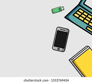 Office desk table with laptop, smartphone, notebook. Top view with copy space. Vector design illustration