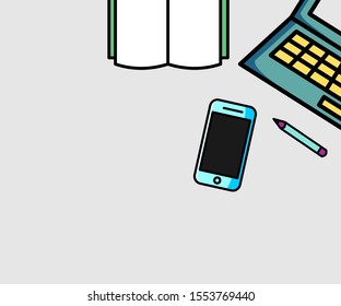 Office desk table with laptop, smartphone, notebook. Top view with copy space. Vector design illustration
