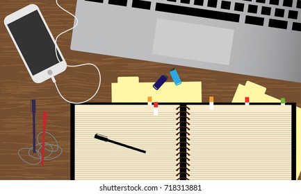 Office desk table with laptop, smartphone, leather notebook, pen and flash drive. Top view of wooden working desk table concept illustration vector.
