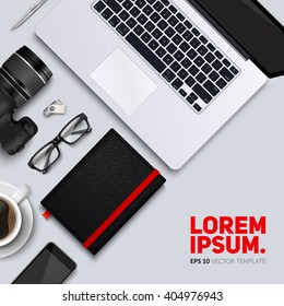 Office desk table with photo camera, laptop, glasses, coffee cup, notebook and phone . Top view desktop. Eps10 vector template.
