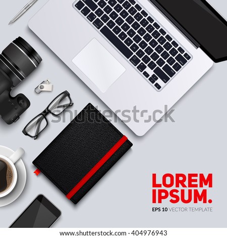 Office desk table with photo camera, laptop, glasses, coffee cup, notebook and phone . Top view desktop. Eps10 vector template.