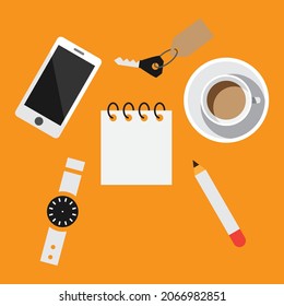 Office desk table with smartphone, blank notebook, cup of coffee, watch, pencil and key, top view with copy space, isolated on orange background, vector illustration.