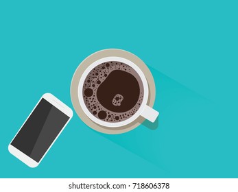 Office desk table with  smartphone, coffee cup . Top view .