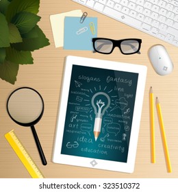 Office desk table. Start up concept.  Top view of office work space with scheme from idea through the planning, strategy, marketing, finance, to realization and market success. 