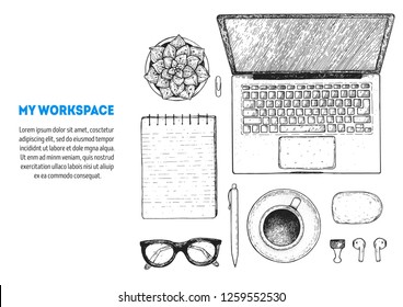 Office desk table top view sketch. Workspace with laptop, notebook, coffee cup, plant, pencil, pen, glasses, headphones. Hand drawn vector illustration. Business concept.