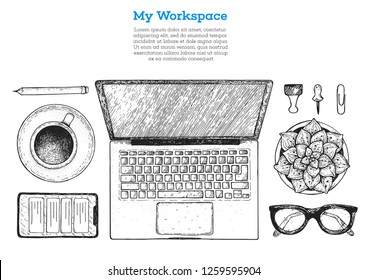 Office Desk Table Top View Sketch Stock Vector (Royalty Free ...