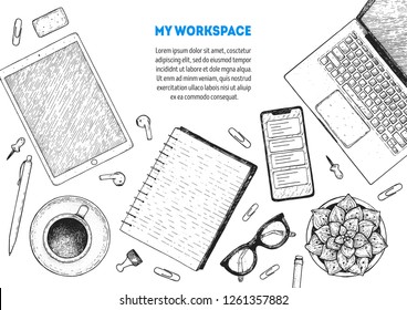 Office Desk Table Top View Sketch Stock Vector (royalty Free 