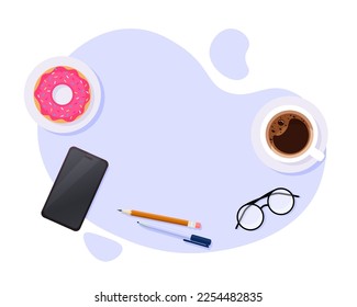 Office desk table top view vector abstract empty blank space, tabletop working place desktop above overhead with pen pencil, glasses, coffee, donut, workplace or workspace up with cell phone graphic.