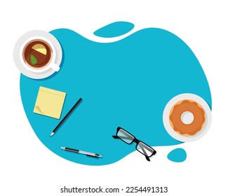 Office desk table top view vector abstract empty blank space, tabletop working place desktop above overhead with pen pencil, glasses, coffee, donut, sticker,  workplace or workspace up graphic.
