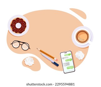 Office desk table top view vector abstract empty blank space, tabletop working place desktop above overhead with pen pencil, glasses, coffee, donut, workplace or workspace up with cell phone graphic.