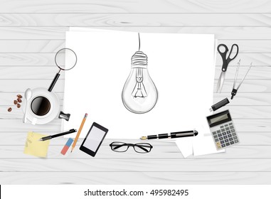 Office desk table with white paper, glasses, pen, phone, flash drive and other office things. Top view with copy space. Eps10 vector template.