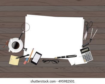 Office desk table with white paper, glasses, pen, phone, flash drive and other office things. Top view with copy space. Eps10 vector template.