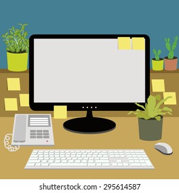 office desk with telephone, computer, keyboard and plants, vector illustration
