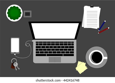 Office desk top view with all accessory such as Laptop notepad mobile phone black instant hot coffee key paper note and cactus decorate on black table or dark gray desk color vector.