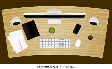 Office desk top view with computer and other equipment for web and mobile