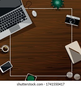 
Diseño superior de escritorio de oficina Con un portátil, café, cámara, portátil y equipo Diseño de imagen vectorial