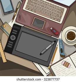 Office desk top view filled with various items, laptop, notebooks, coffee cup, vector illustration