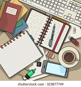 Office desk top view filled with various items, laptop, notebooks, coffee cup, vector illustration