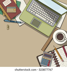 Office desk top view filled with various items, laptop, notebooks, coffee cup, vector illustration