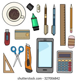 Office desk top view filled with various items, laptop, notebooks, coffee cup, vector illustration