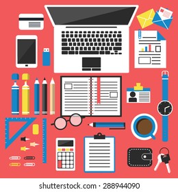 Office desk top view  with laptop, digital devices,  working tools,  books and documents.  Flat design style . Business background. Vector illustration.