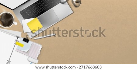 Office desk top view with laptop and papers. Vector realistic illustration of modern computer, coffee cup, business notebook with memory notes, pen, sunglasses on table background, tidy workspace