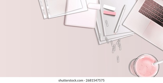 Office desk top view with notebook, papers, keyboard and pink juice glass for workspace layout. Minimalist stationery setup with clips, pen and sticky notes for business or creative work environment.