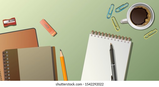 Office desk top view. Vector background image.Table. Supplies. Creative desk, workplace. Stationery on workspace. Work place and  coffee.