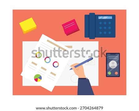 Office desk top view, working on data on deadline. Character design. Vector flat illustration