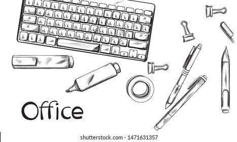 Office desk Vector banner line art. Keyboard and pens silhouettes. Graphic template poster