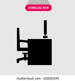 Office Desk Vector Icon, The symbol of table with computer and chair on wheels. Simple, modern flat vector illustration for mobile app, website or desktop app  