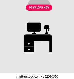 Office Desk Vector Icon, The symbol of computer table with PC and lamp. Simple, modern flat vector illustration for mobile app, website or desktop app  