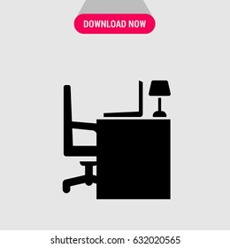 Office Desk Vector Icon, The symbol of desk, computer, lamp and chair on wheels . Simple, modern flat vector illustration for mobile app, website or desktop app  
