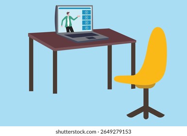 Office desk vector illustration, modern workstation with computer and supplies, workspace interior design isolated 