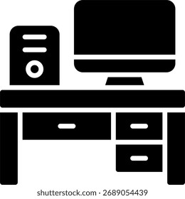 Ilustración vectorial de escritorio de oficina, configuración del lugar de trabajo y concepto de productividad, diseño del entorno empresarial y corporativo. Icono de glifo
