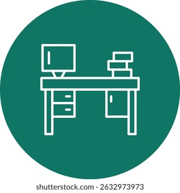 Office Desk Vector Line Circle Icon Design