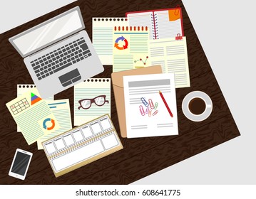 Office. Desk. The view from the top. Realistic workplace organization. Vector illustration.