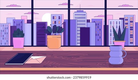 Office desk with window cityscape sunset lofi wallpaper. Workstation empty, sundown urban 2D scene cartoon flat illustration. Windowsill plants chill vector art, lo fi aesthetic colorful background