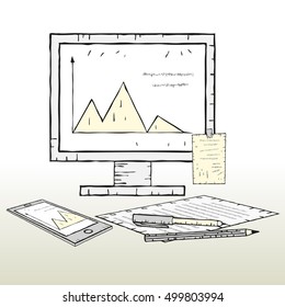 Office desk work place. Monitor, mobile phone, paper for notes and pen. Vector illustration.