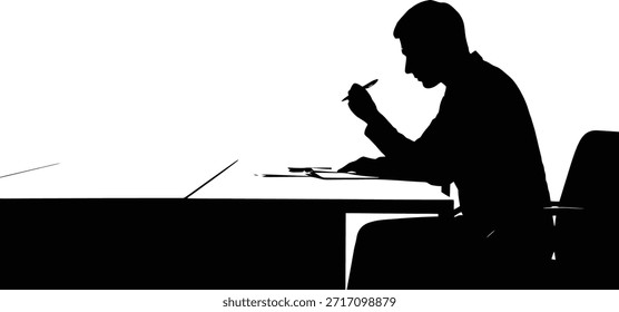 Office desk work silhouette vector illustration featuring person using computer and phone.