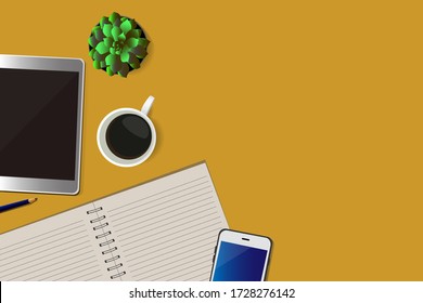 Office desk working space - Flat lay top view of working space with blank notebook page, coffee cup and mockup phone tablet on pastel background. Pastel yellow, mustard, color background space concept