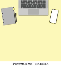 Office desk or Working desk with workspace for copy space. Laptop, Mobile phone and Notebook on Yellow Background, Top view Vector.