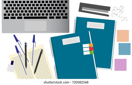 Office desk workplace with laptop, papers, clips, stapler and pens on modern white table. Top view. Freelancers desk concept illustration vector.
