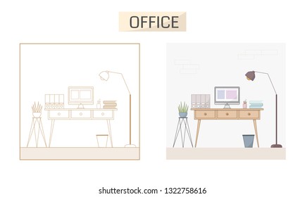 Office desk, Workplace Vector, flat design
