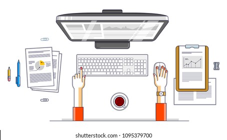 Office desk workspace top view with hands of office employee or entrepreneur, PC computer and diverse stationery objects for work. All elements are easy to use separately. Vector illustration.