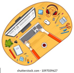 Office desk workspace top view with hands of office employee or entrepreneur, PC computer and diverse stationery objects for work. All elements are easy to use separately. Vector illustration.