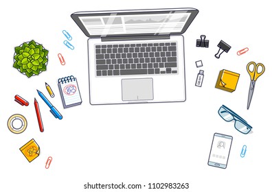 Office desk workspace top view with laptop computer and diverse stationery objects for work isolated, overhead look. All elements easy to use separately or recompose the illustration. Vector.