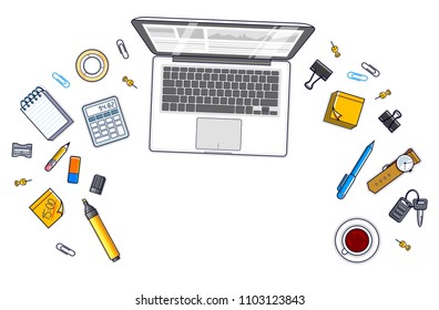 Office desk workspace top view with laptop computer and diverse stationery objects for work isolated, overhead look. All elements easy to use separately or recompose the illustration. Vector.